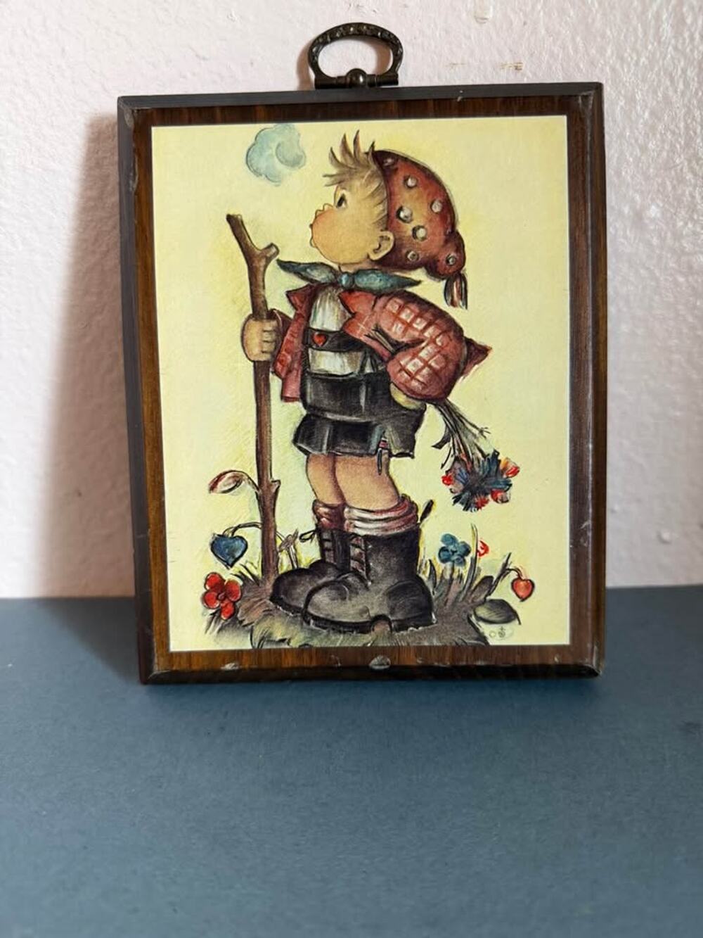 Vintage Hummel-Style Wall Plaque – Boy with Walking Stick